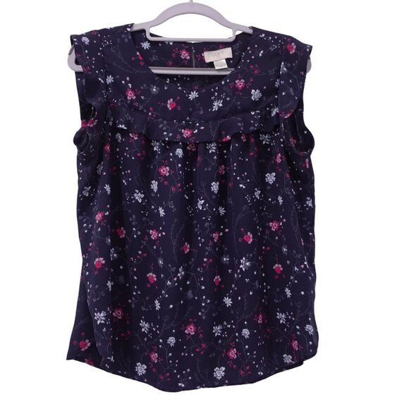 LOFT Outlet Blouse Sz PM Navy Blue Floral Print Flutter Sleeves Ruffle Casual - Picture 1 of 8